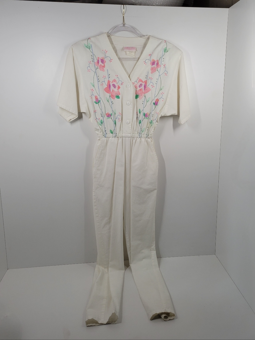 Vintage 80s 90s Allison Rose Dragonfly White Floral Cottagecore Jumpsuit Size XS